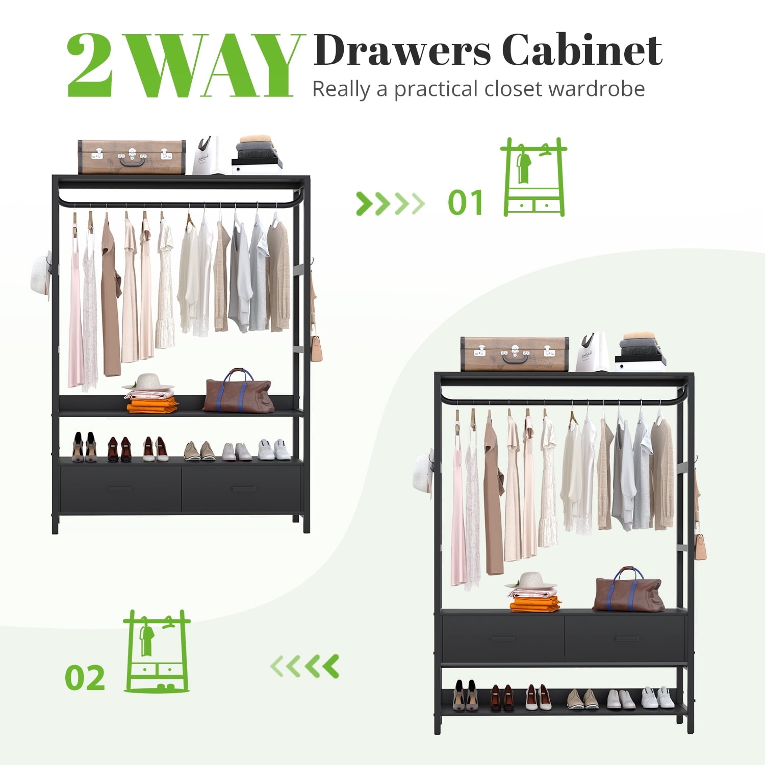 HOKEEPER Closet Organizer with Drawers & Hooks - Black