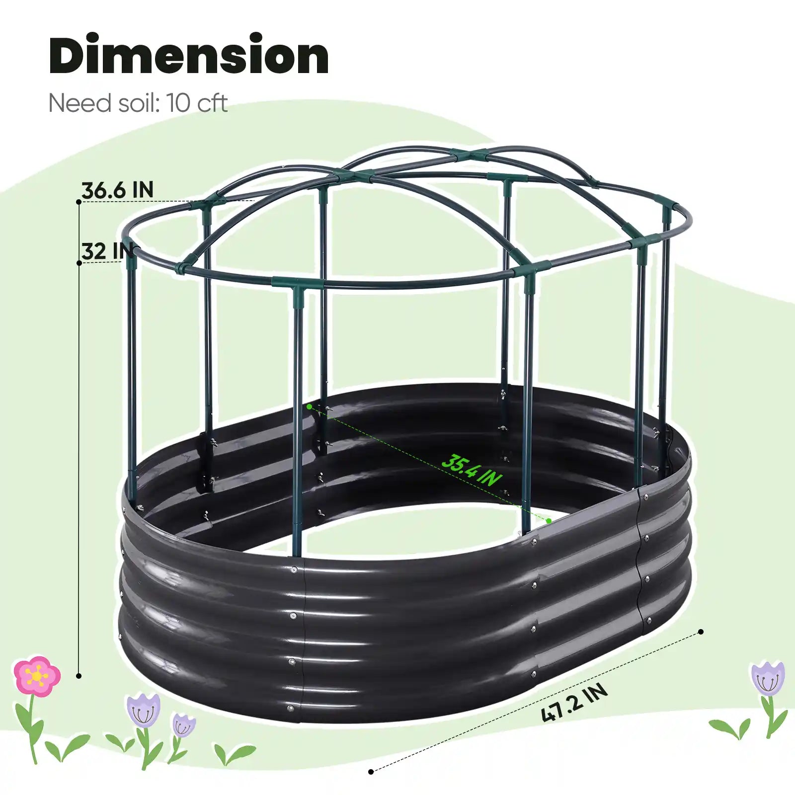 Size of 4' x 3' x 1' Oval Galvanized Raised Garden Bed with Cover#color_white