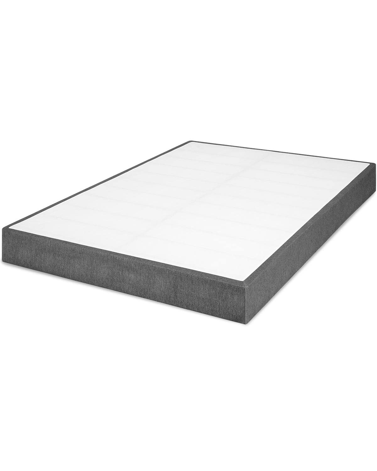 The completed box spring with a smooth, gray-upholstered surface, offering a noise-free and non-slip bed base.