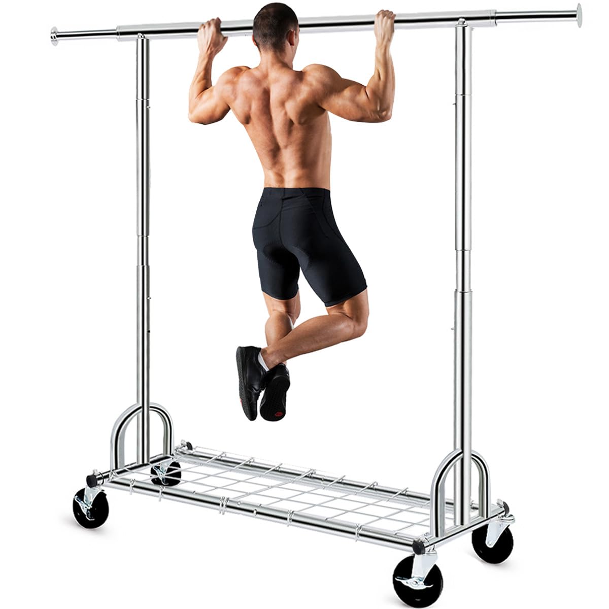 A man hanging on a sturdy heavy-duty clothes rack made from chrome-coated metal, designed to support a weight capacity of 525lbs.