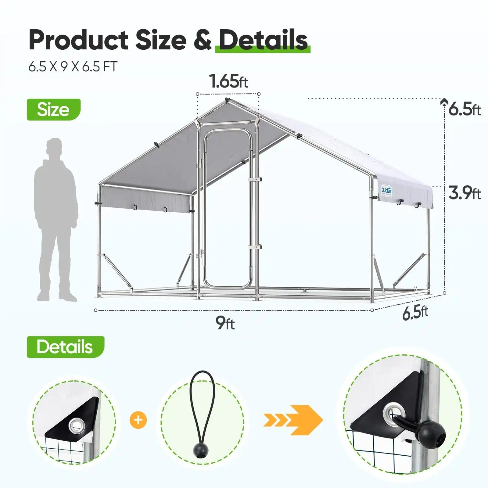 Metal Chicken Coop Run for 10+ Poultry 6.5x9x6.5FT Size#size_6.5x9FT Regular-No ladder