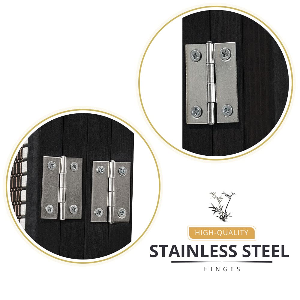 Stainless steel hinges on the black 4-panel room divider, allowing smooth folding and flexibility in arranging the panels, as displayed in the detail graphic.