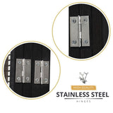 Stainless steel hinges on the black 4-panel room divider, allowing smooth folding and flexibility in arranging the panels, as displayed in the detail graphic.