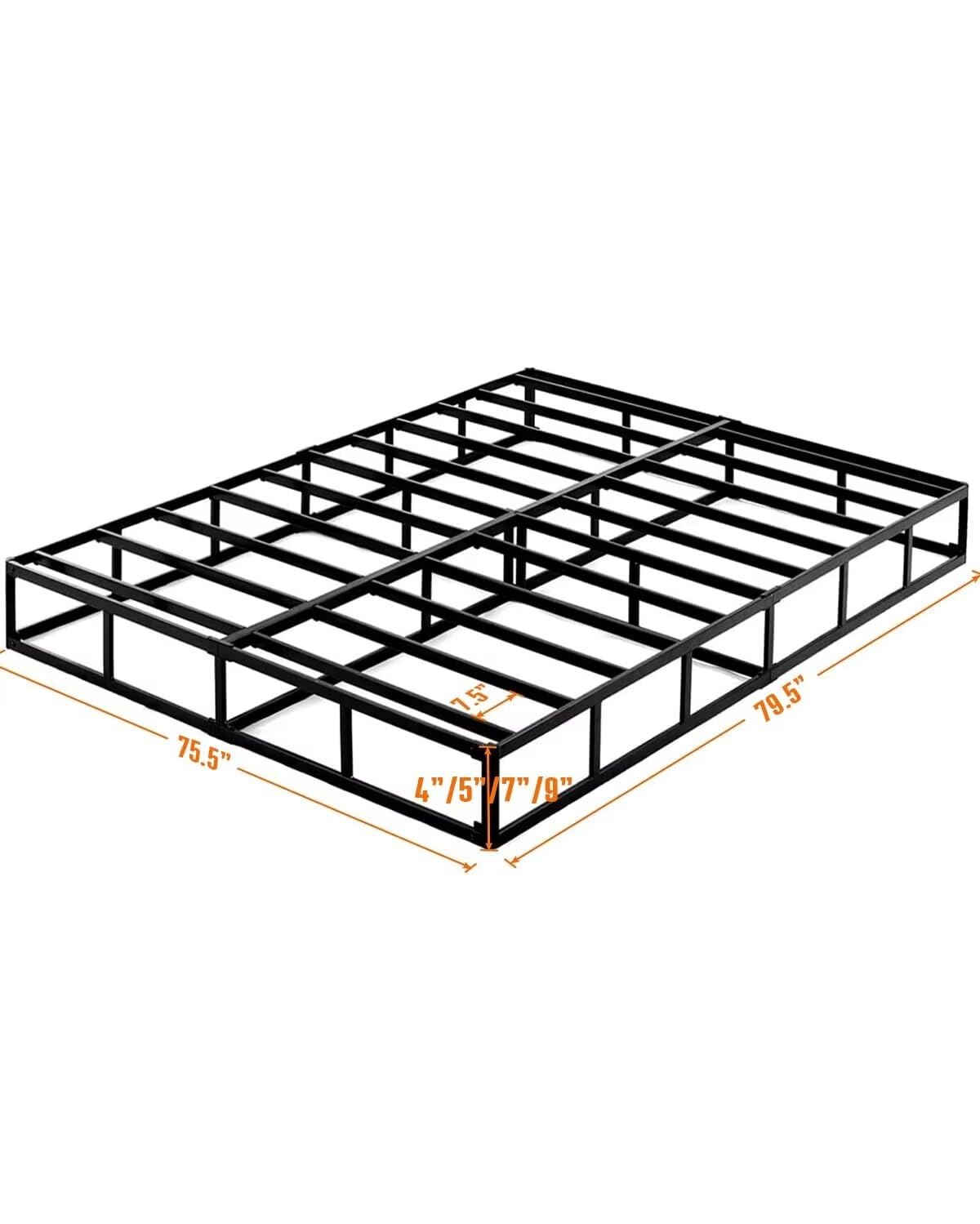 Dimensions of the bed base showing 75.5" by 79.5" with adjustable heights of 4", 5", 7", and 9", constructed from a sturdy steel frame for a noise-free and non-slip foundation.