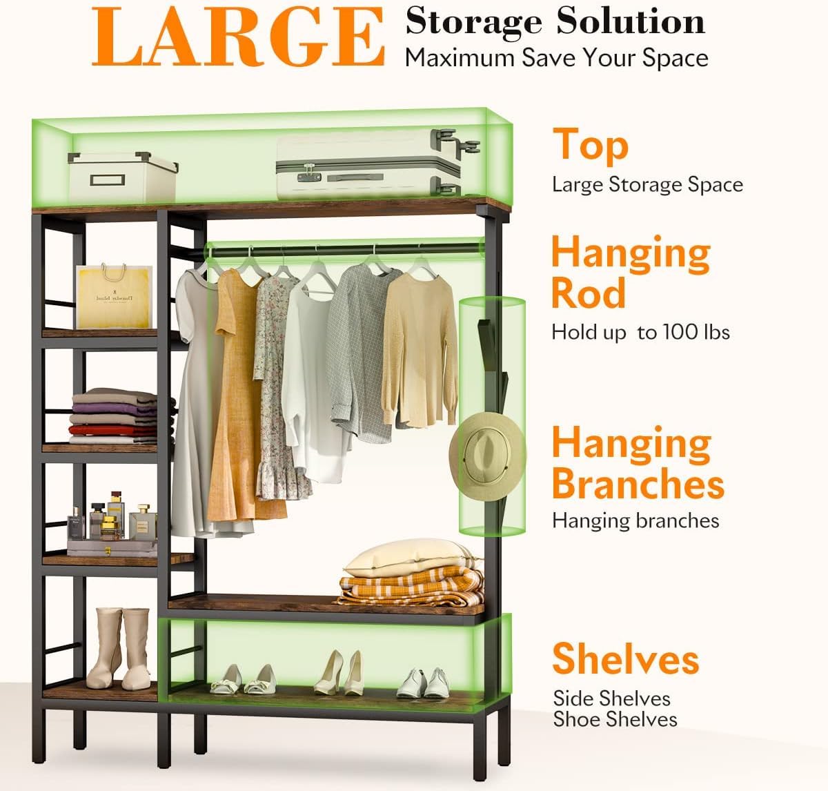 HOKEEPER 650LBS Wardrobe Rack with Shelves & Hooks