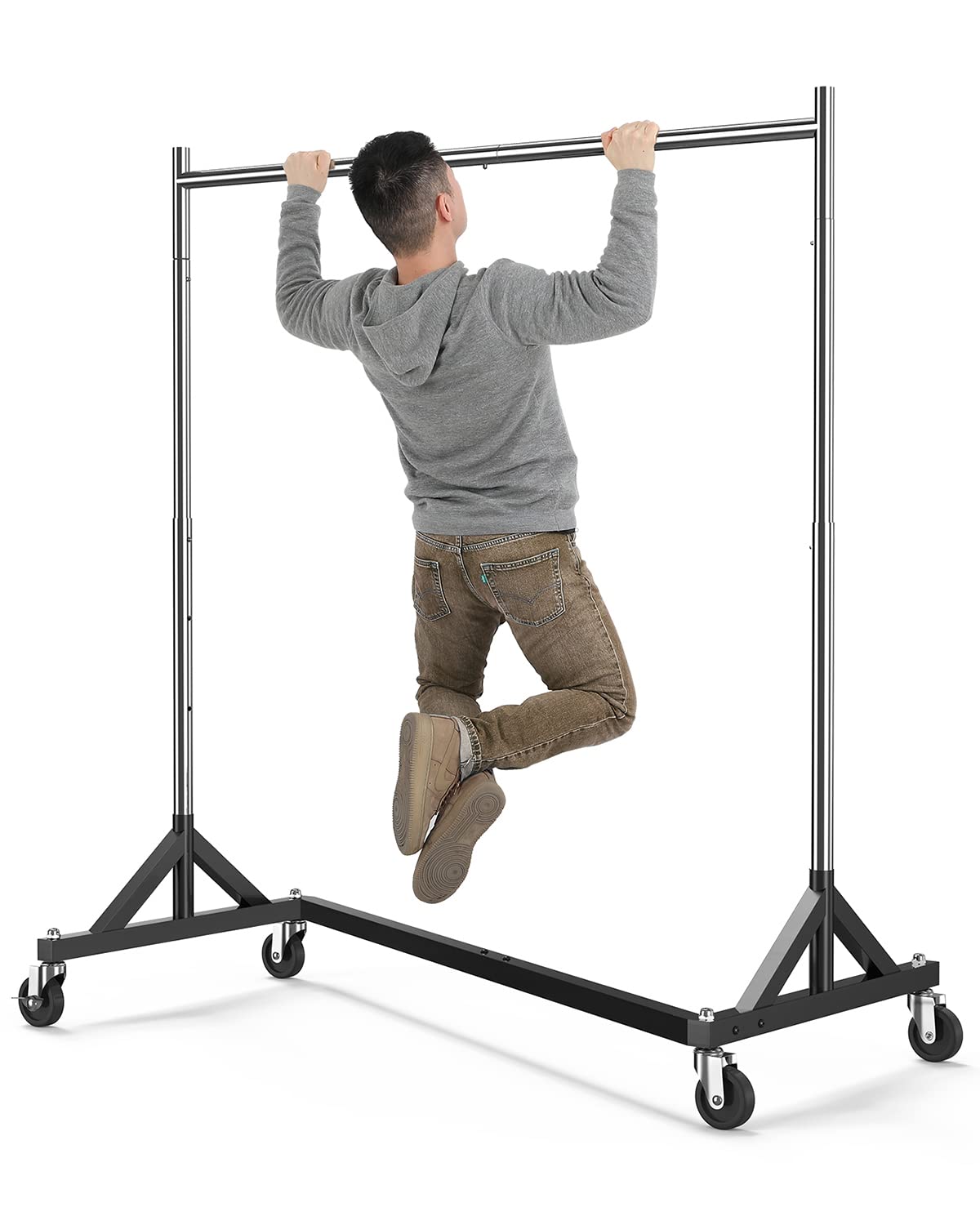 A heavy-duty Z Base Clothes Rack designed with a durable frame and wheels, supporting up to 400 lbs of clothing. Features an adjustable height range from 59 to 71 inches.