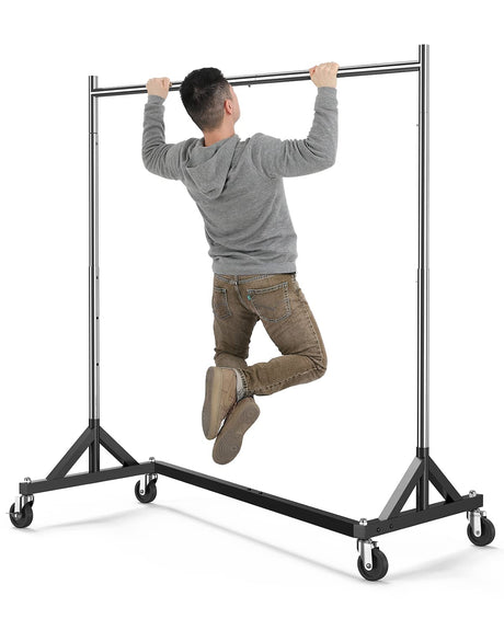 A heavy-duty Z Base Clothes Rack designed with a durable frame and wheels, supporting up to 400 lbs of clothing. Features an adjustable height range from 59 to 71 inches.