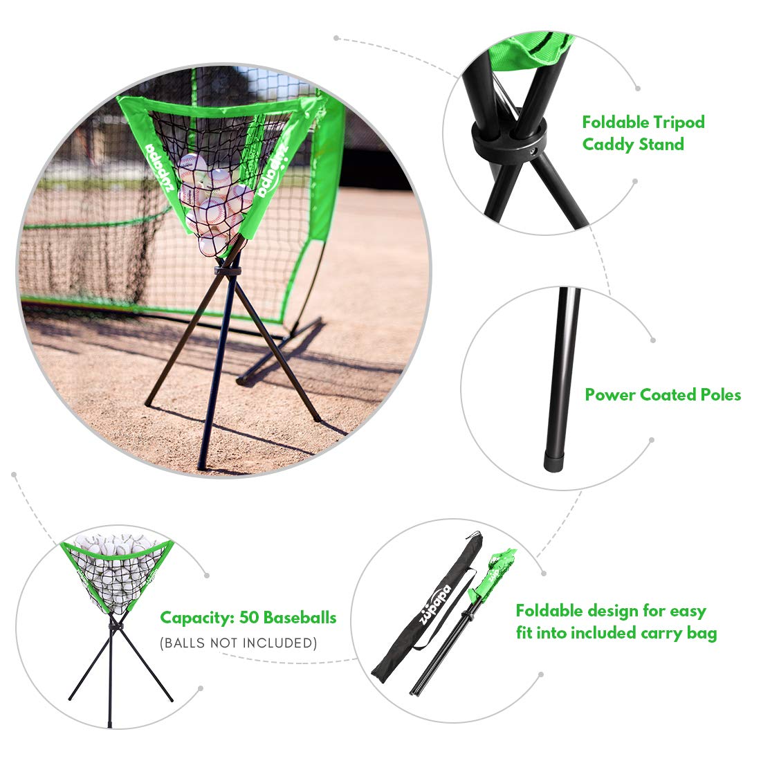 Zupapa 7'x7' Baseball Softball Net Tee Caddy Practice Combo - Green