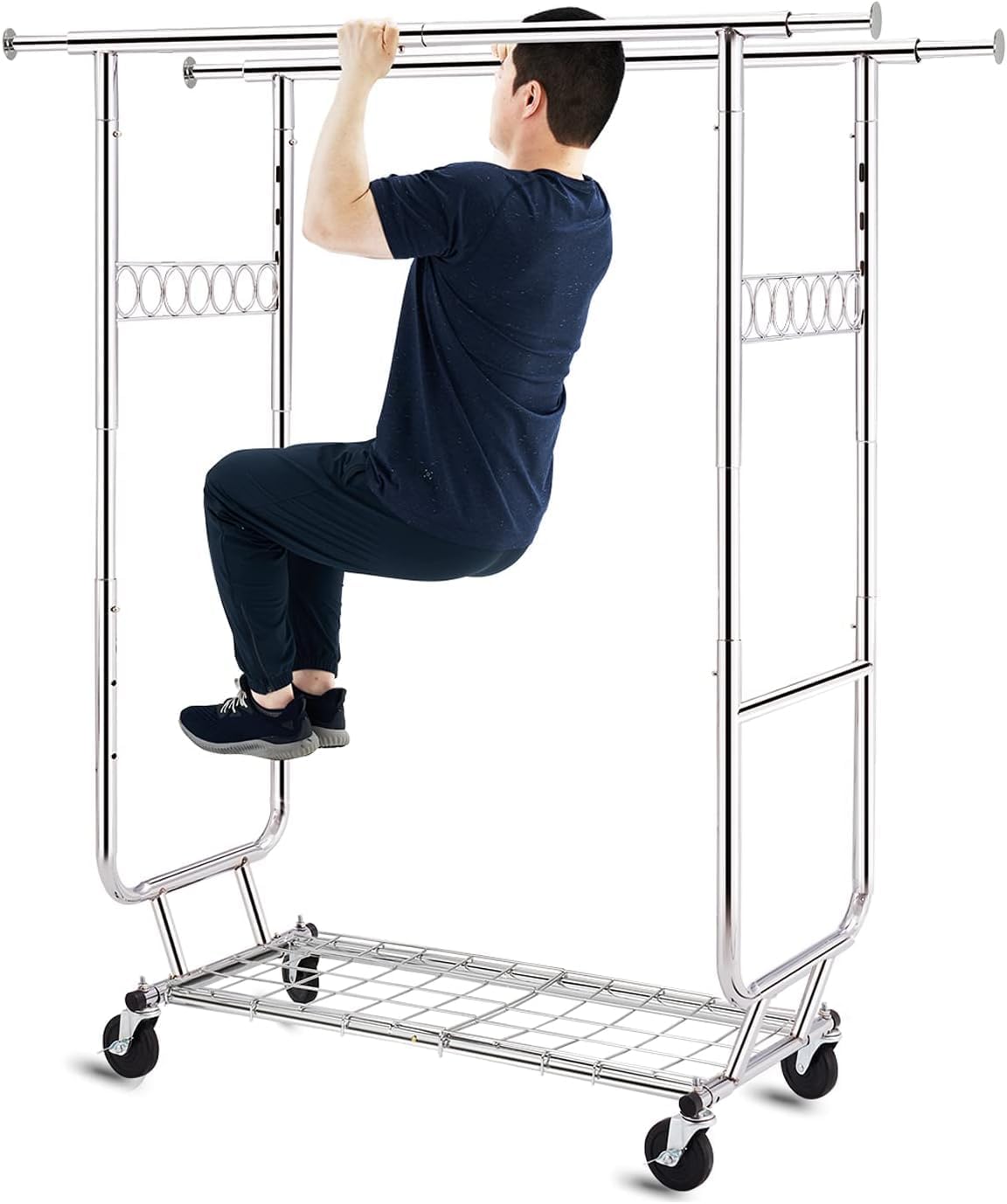 A sturdy heavy-duty double rod clothes rack with a person demonstrating its strength by hanging on it, showcasing its durability and stability for commercial use.