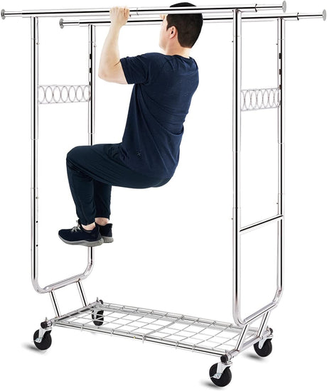 A sturdy heavy-duty double rod clothes rack with a person demonstrating its strength by hanging on it, showcasing its durability and stability for commercial use.