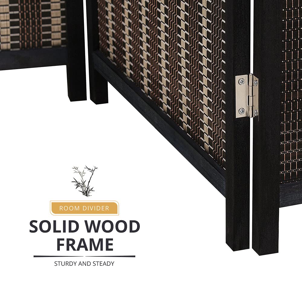 Solid wood frame of the black 4-panel room divider, ensuring durability and stability, accompanied by the text 'Sturdy and Steady.'