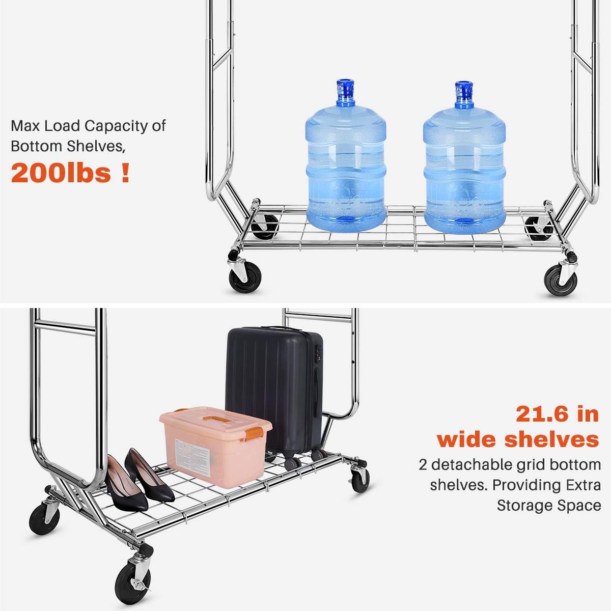 Two detachable grid bottom shelves holding large items like water gallons and suitcases, offering an additional 21.6 inches of storage space.
