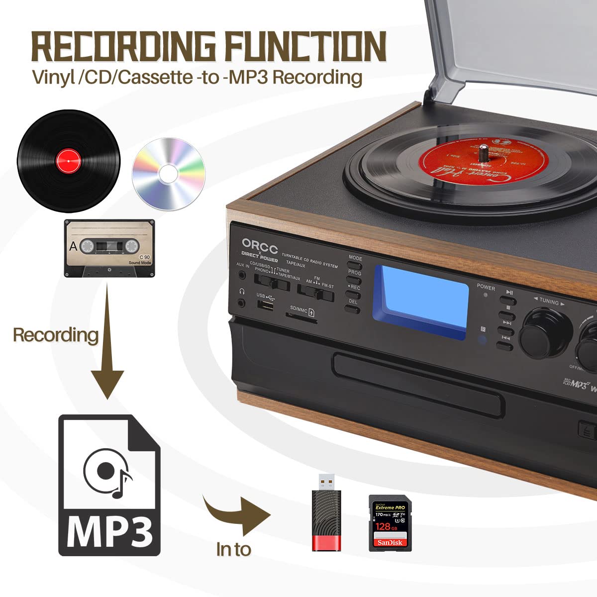 ORCC 10-in-1 Portable Bluetooth Vinyl Turntable