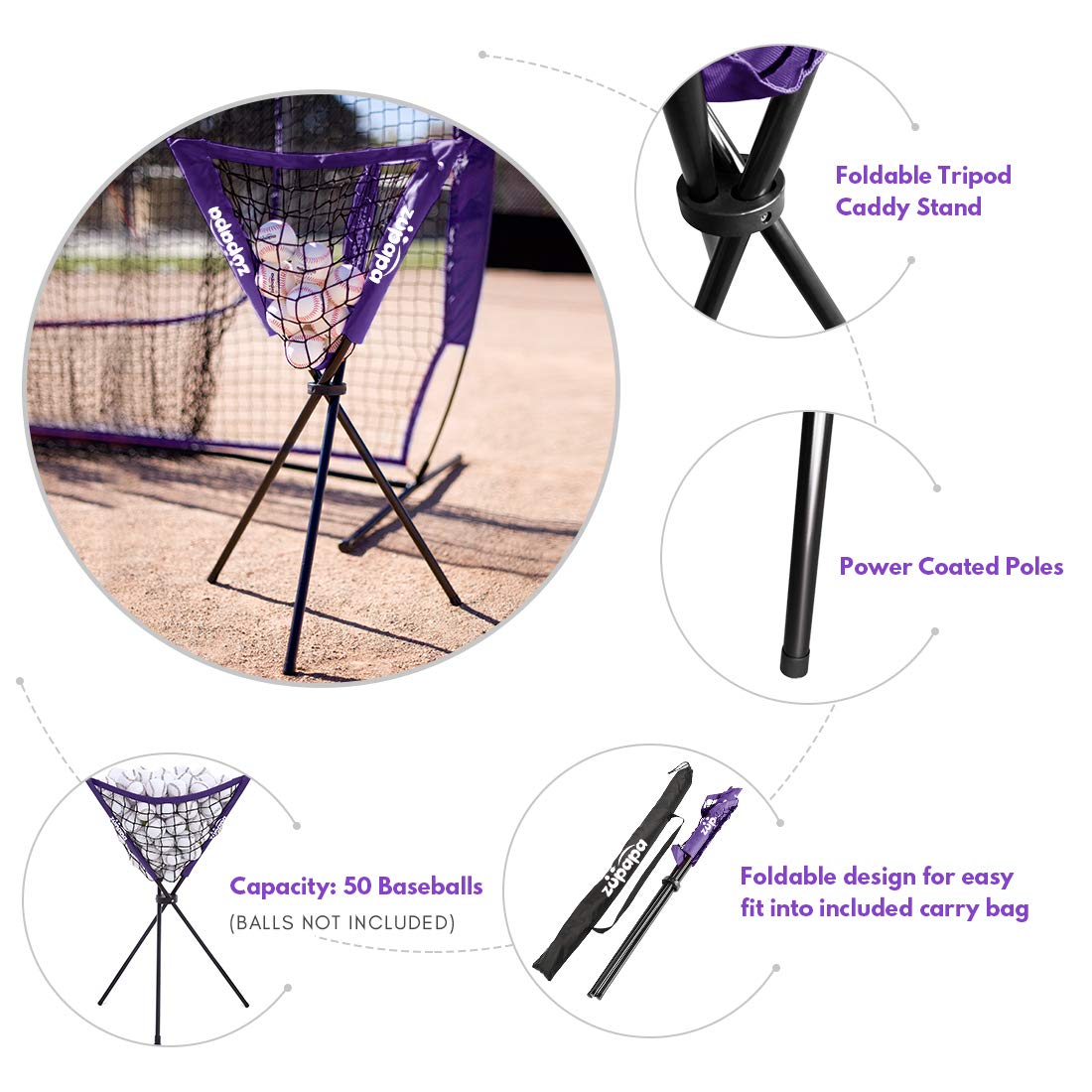 Zupapa 7'x7' Baseball Softball Net Tee Caddy Practice Combo- Purple