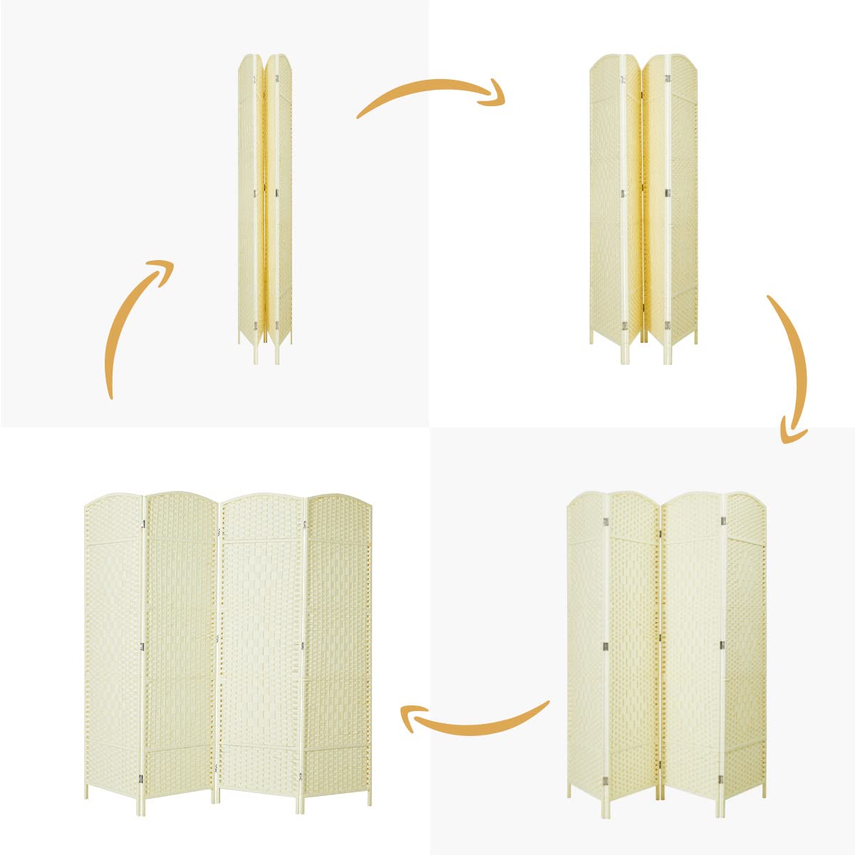 Foldable ivory white 4-panel room divider designed to complement modern interiors while maintaining functionality and style.