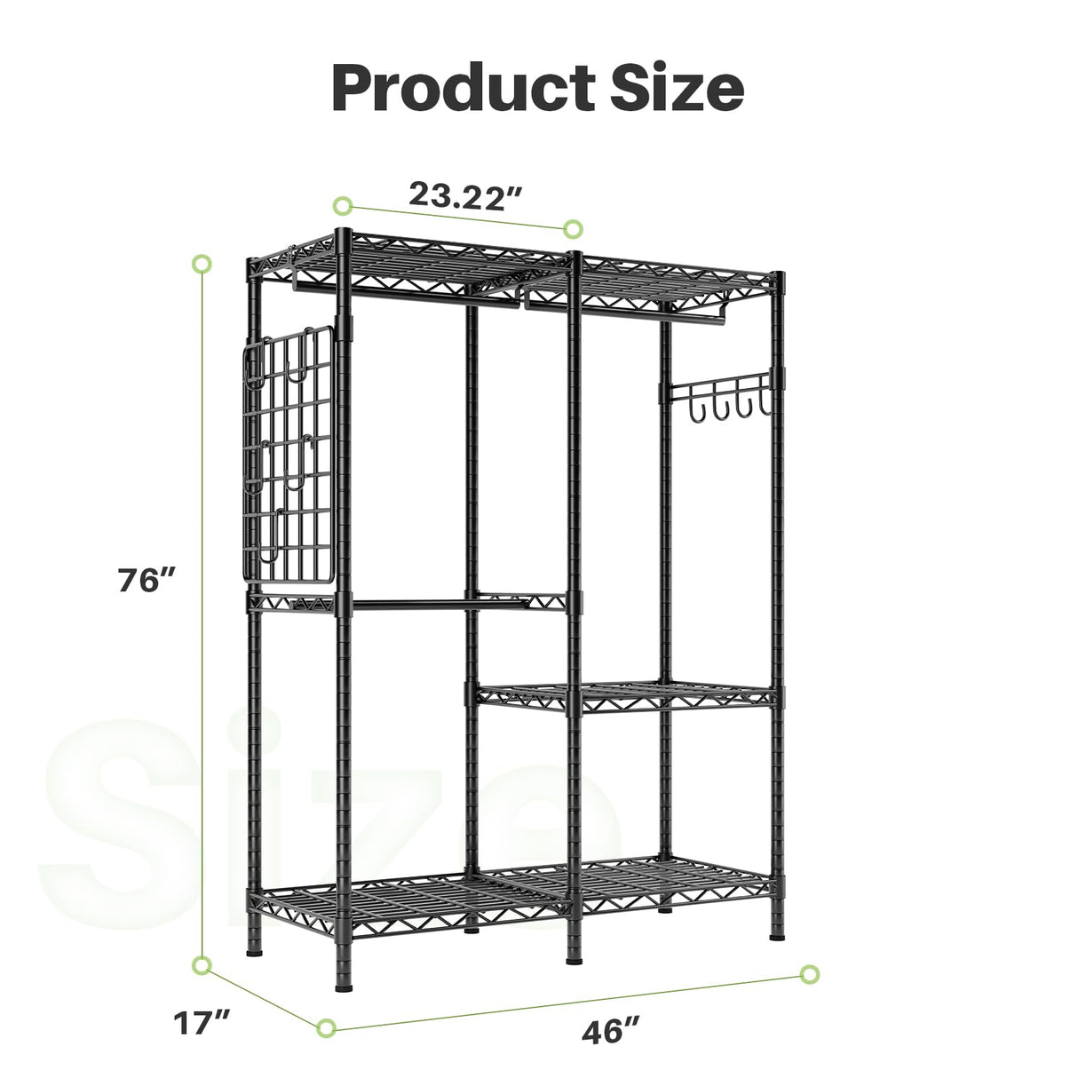 Product size diagram with precise measurements, showcasing the adjustable rods and shelves for various clothing types.