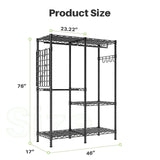 Product size diagram with precise measurements, showcasing the adjustable rods and shelves for various clothing types.