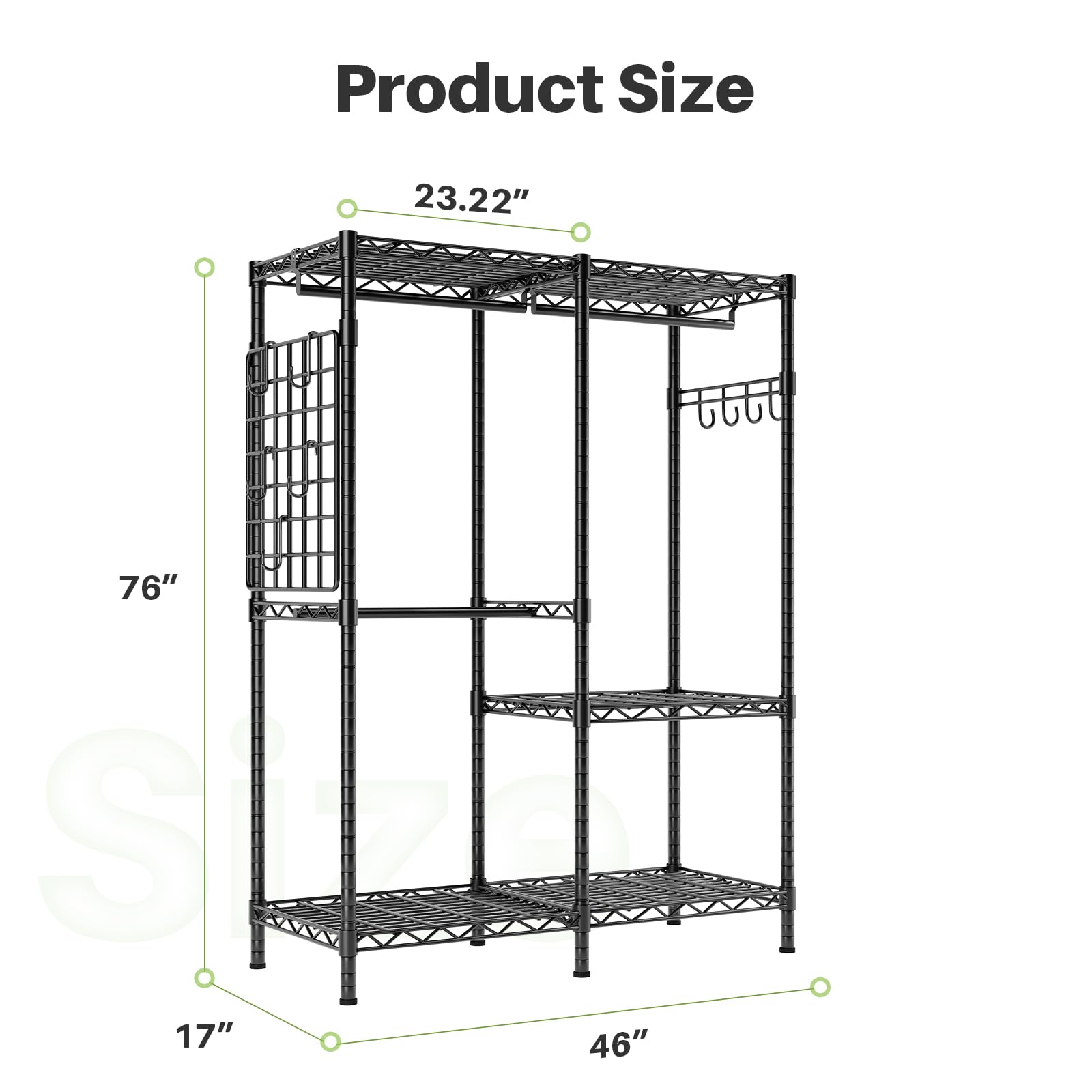 Product size diagram with precise measurements, showcasing the adjustable rods and shelves for various clothing types.