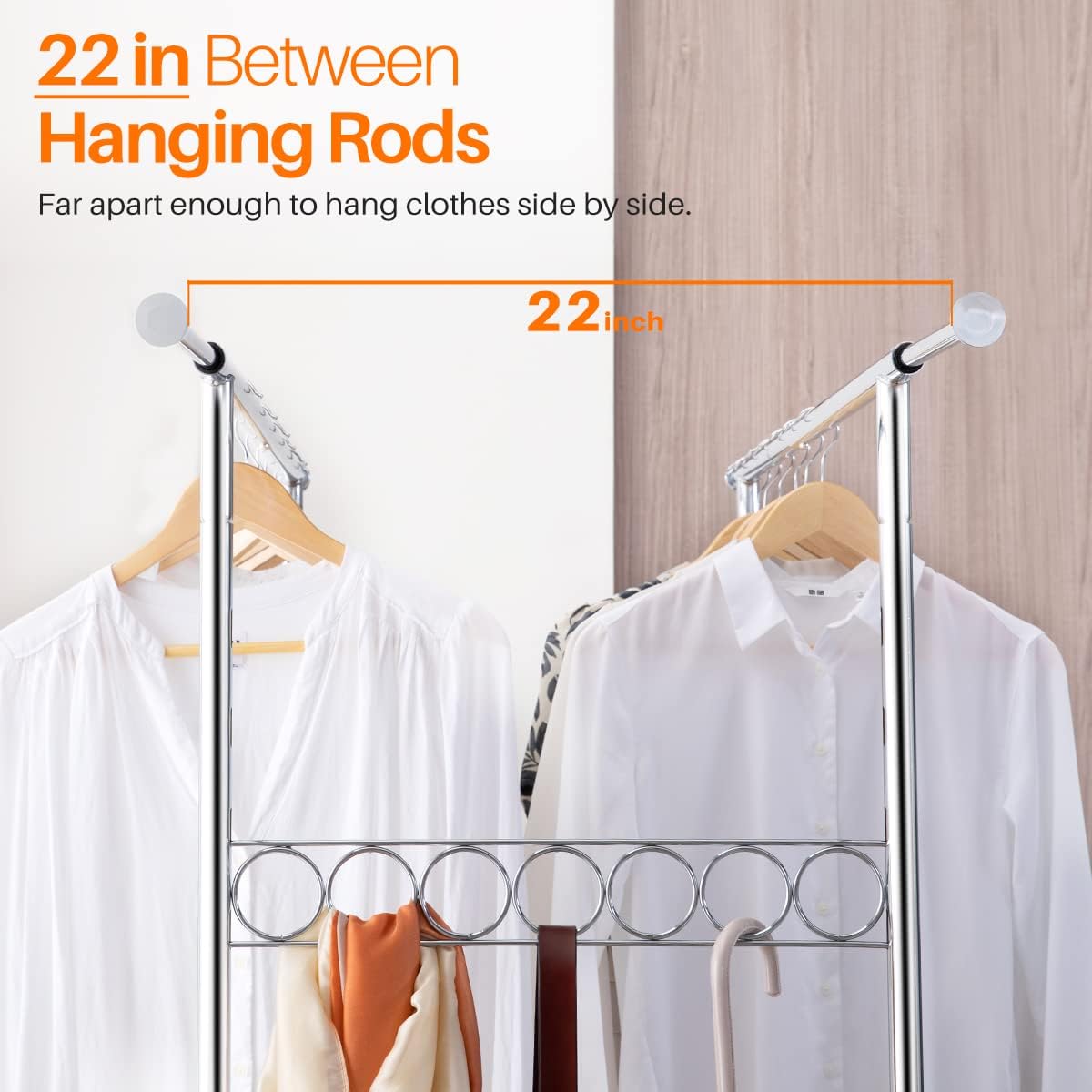 Close-up view of the 22-inch gap between the double hanging rods, designed to allow enough space to hang clothes side by side without overcrowding.