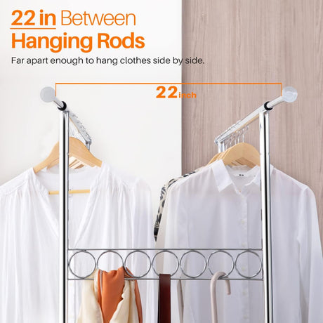 Close-up view of the 22-inch gap between the double hanging rods, designed to allow enough space to hang clothes side by side without overcrowding.