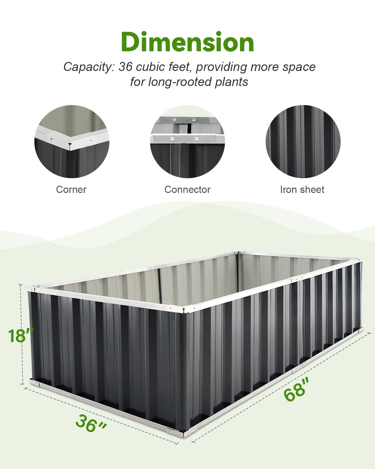 KING BIRD 68"x36"x18" Galvanized Raised Garden Bed - Dark Grey