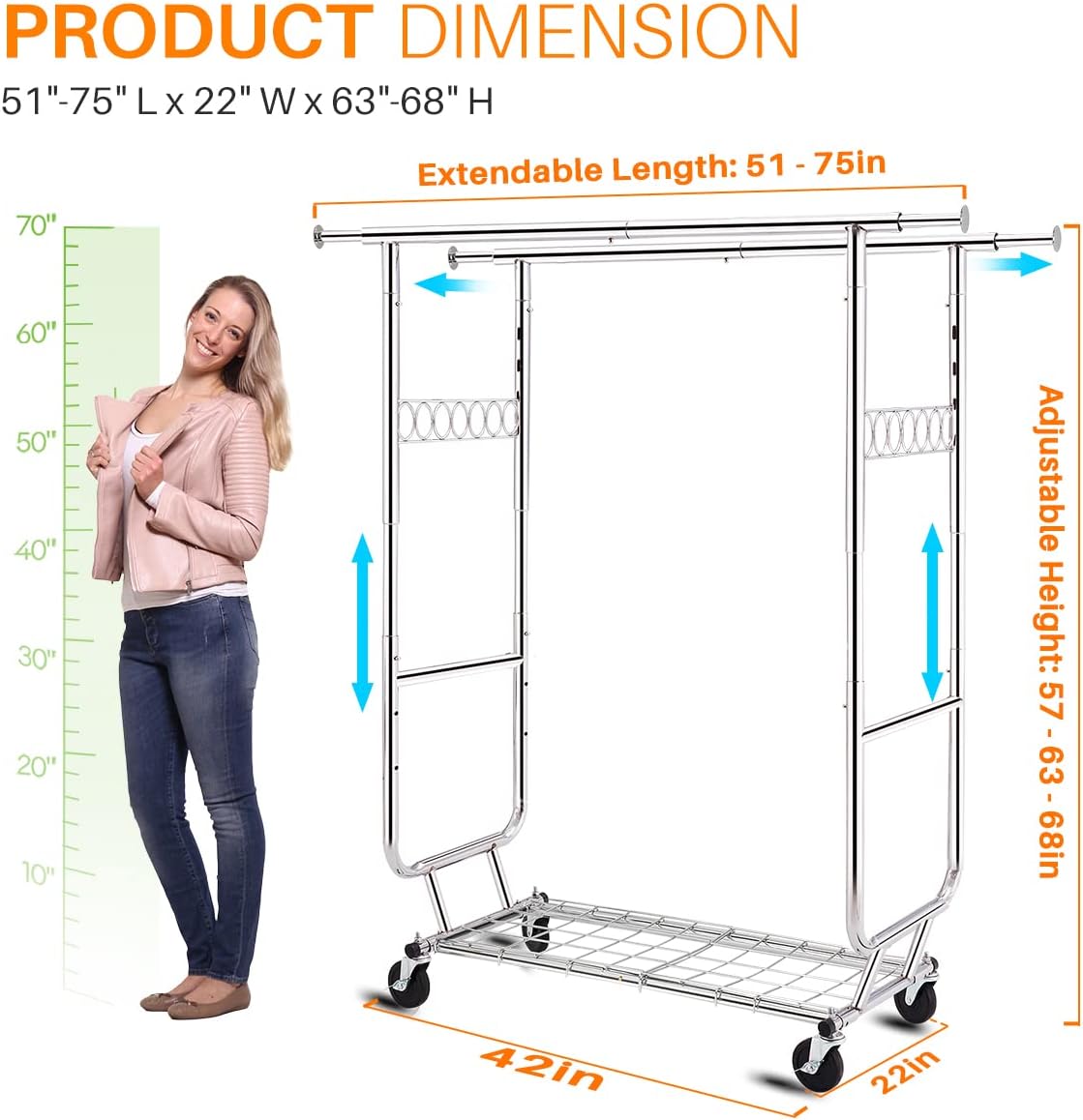 Product dimension diagram illustrating the rack's adjustable length (51 to 74 inches) and height (57 to 68 inches) to fit various storage needs.
