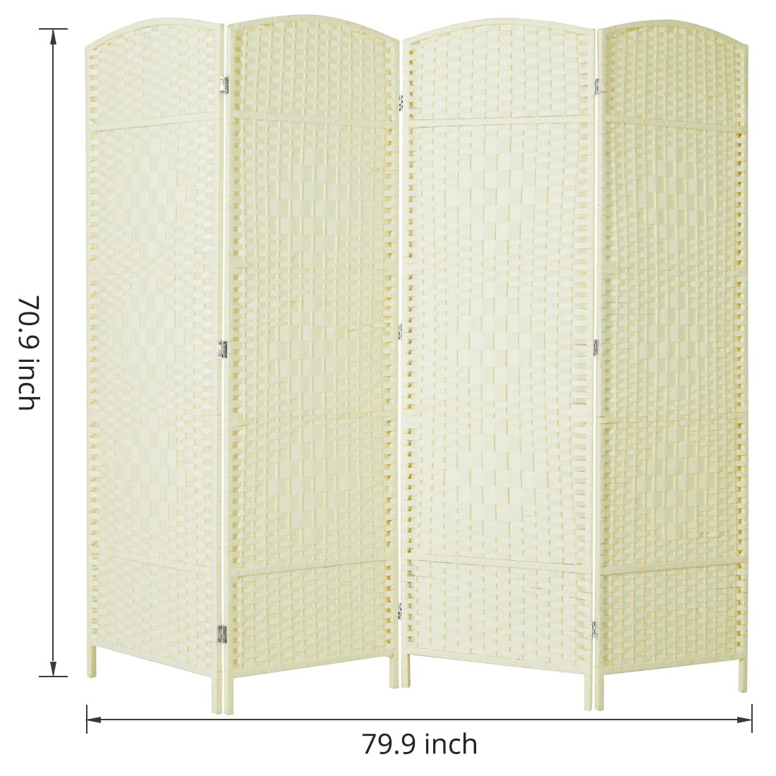 Ivory white 4-panel room divider with dimensions of 6ft height and 79.9 inches total width, showcasing its practicality for dividing larger areas.
