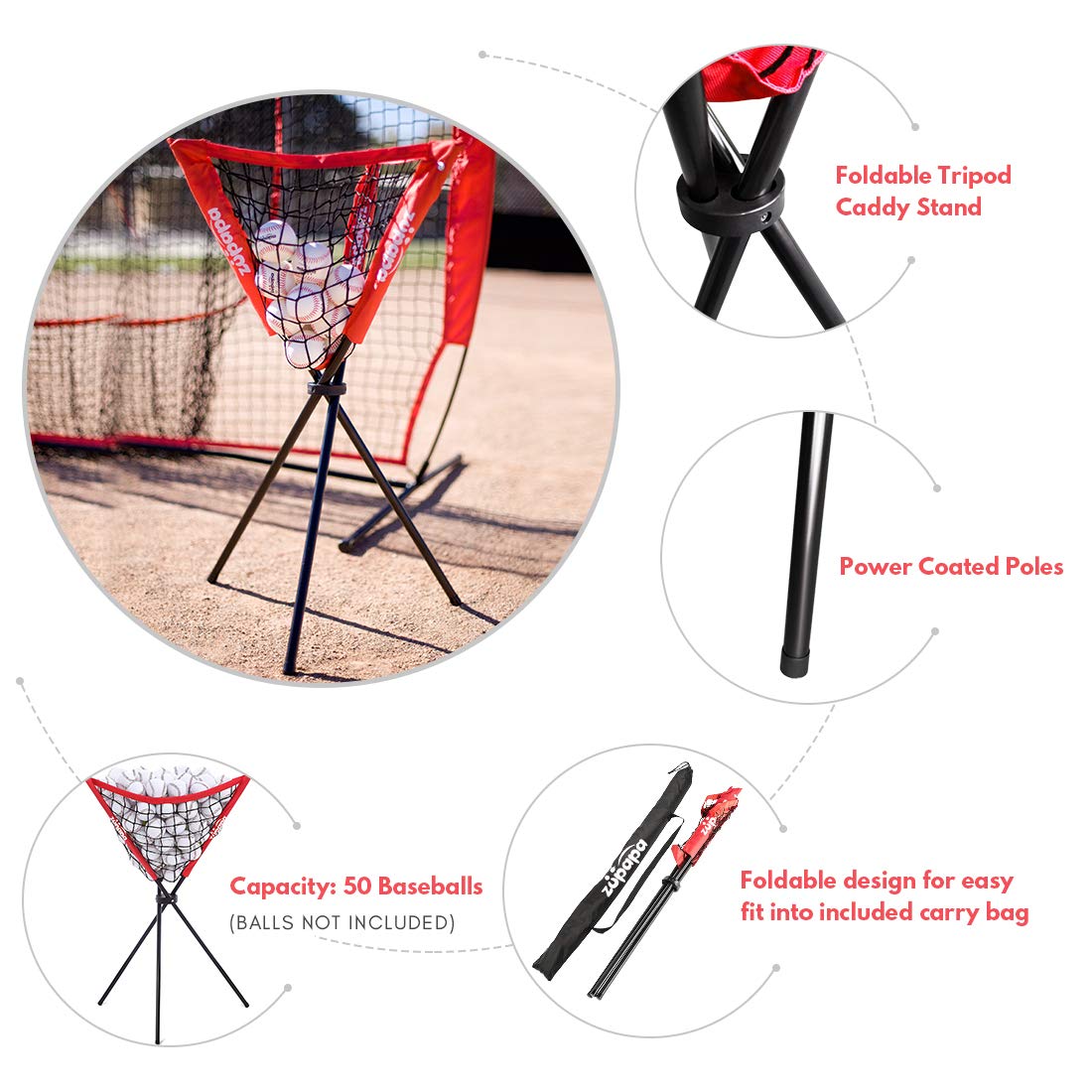 Zupapa 7'x7' Baseball Softball Net Tee Caddy Practice Combo- Red