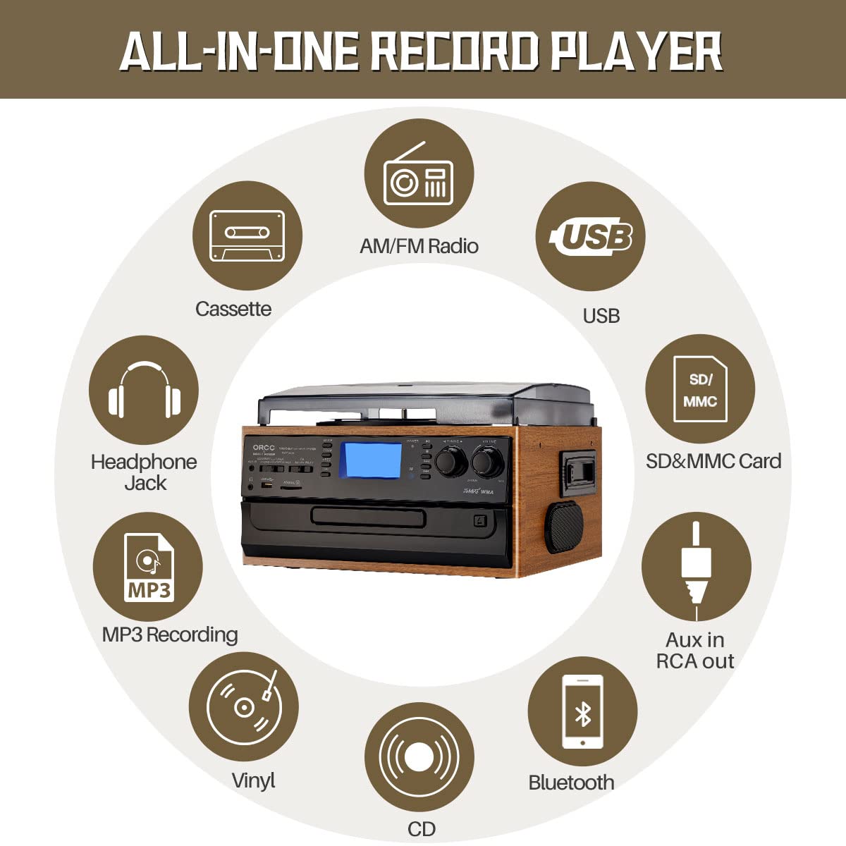 ORCC 10-in-1 Portable Bluetooth Vinyl Turntable