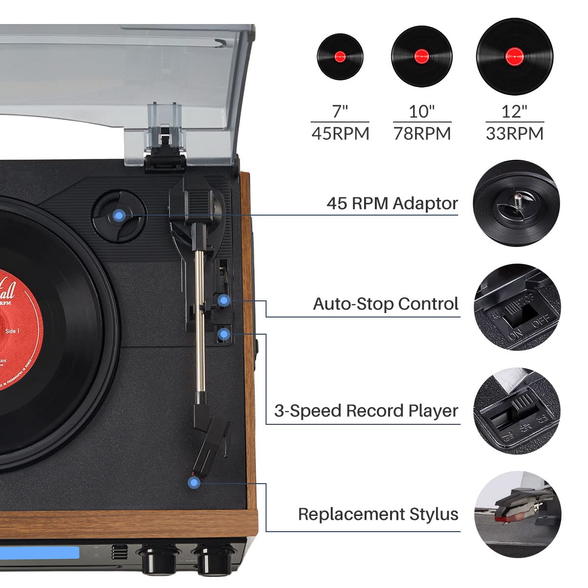 ORCC 10-in-1 Portable Bluetooth Vinyl Turntable