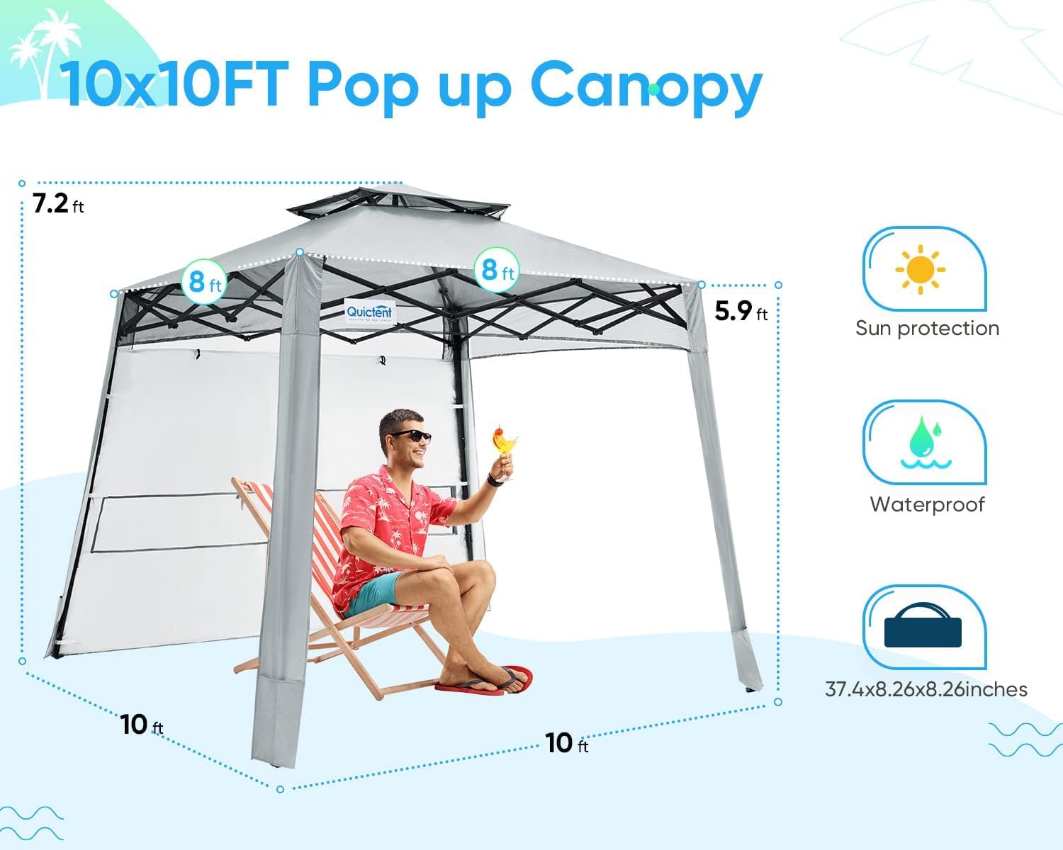 Quictent 10'x10' Portable Pop-up Canopy with Sun Sidewall - Gray