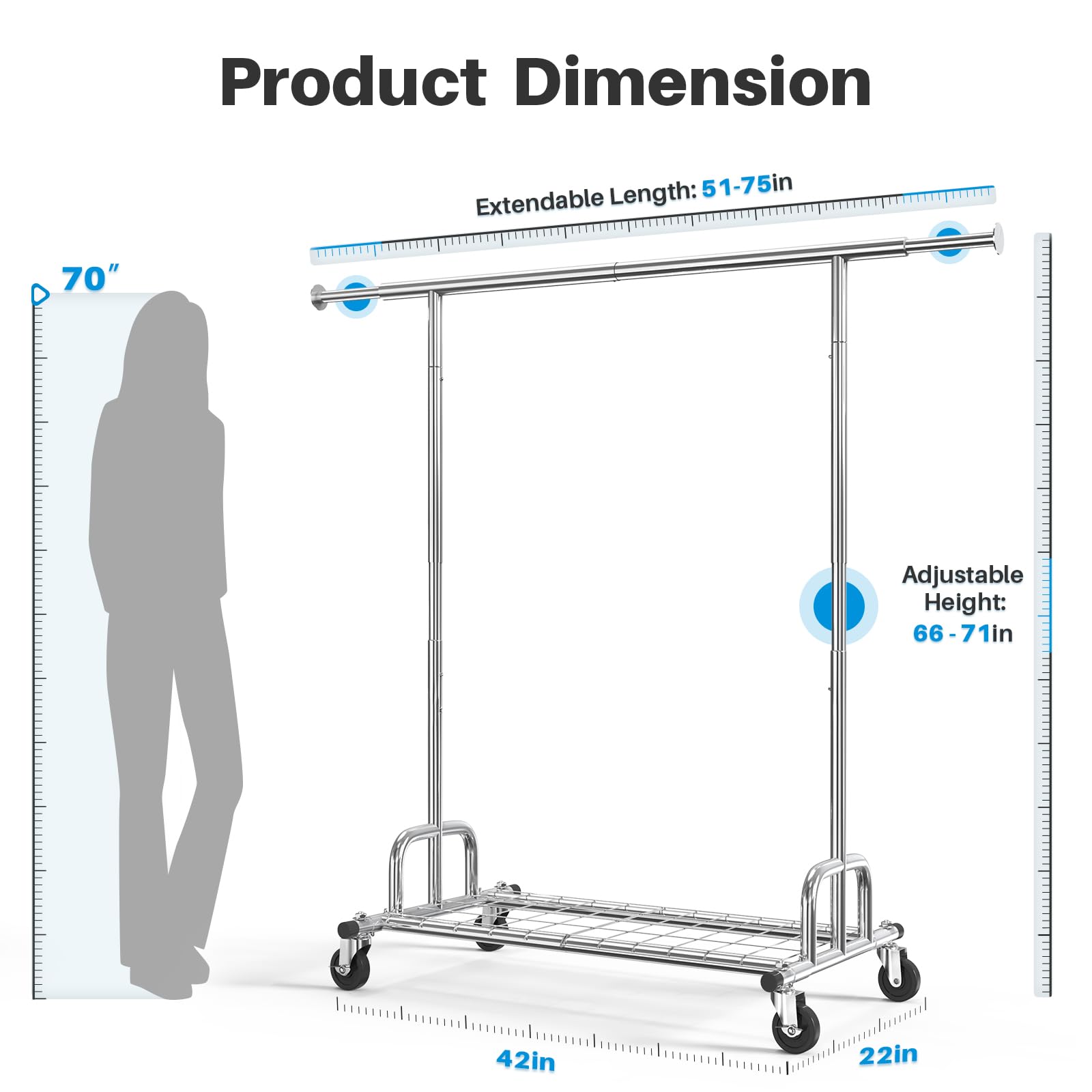 Product dimension diagram highlighting the extendable width of 51" to 75" and height of 66" to 71", suitable for various garment lengths.