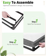 Step-by-step assembly instructions depicting the simple process of building the steel framework and attaching the fabric cover.