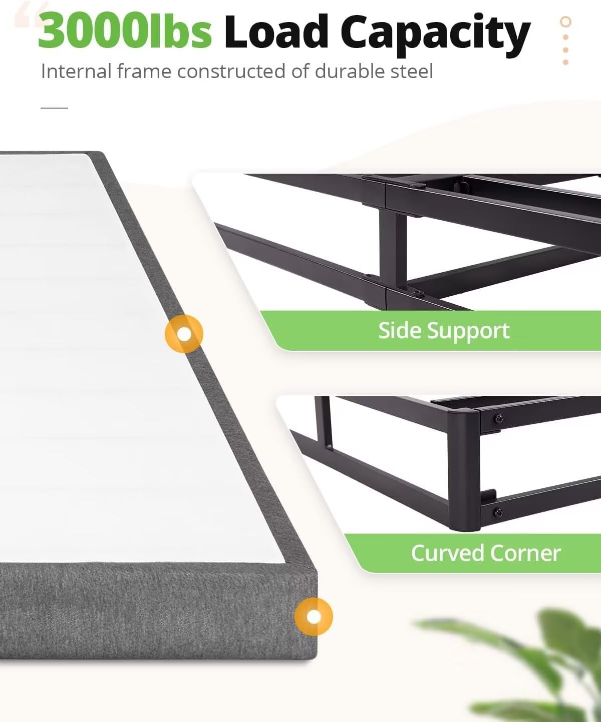 Highlights the 3000 lbs weight capacity of the box spring, featuring strong side supports and rounded corners for enhanced durability and stability.