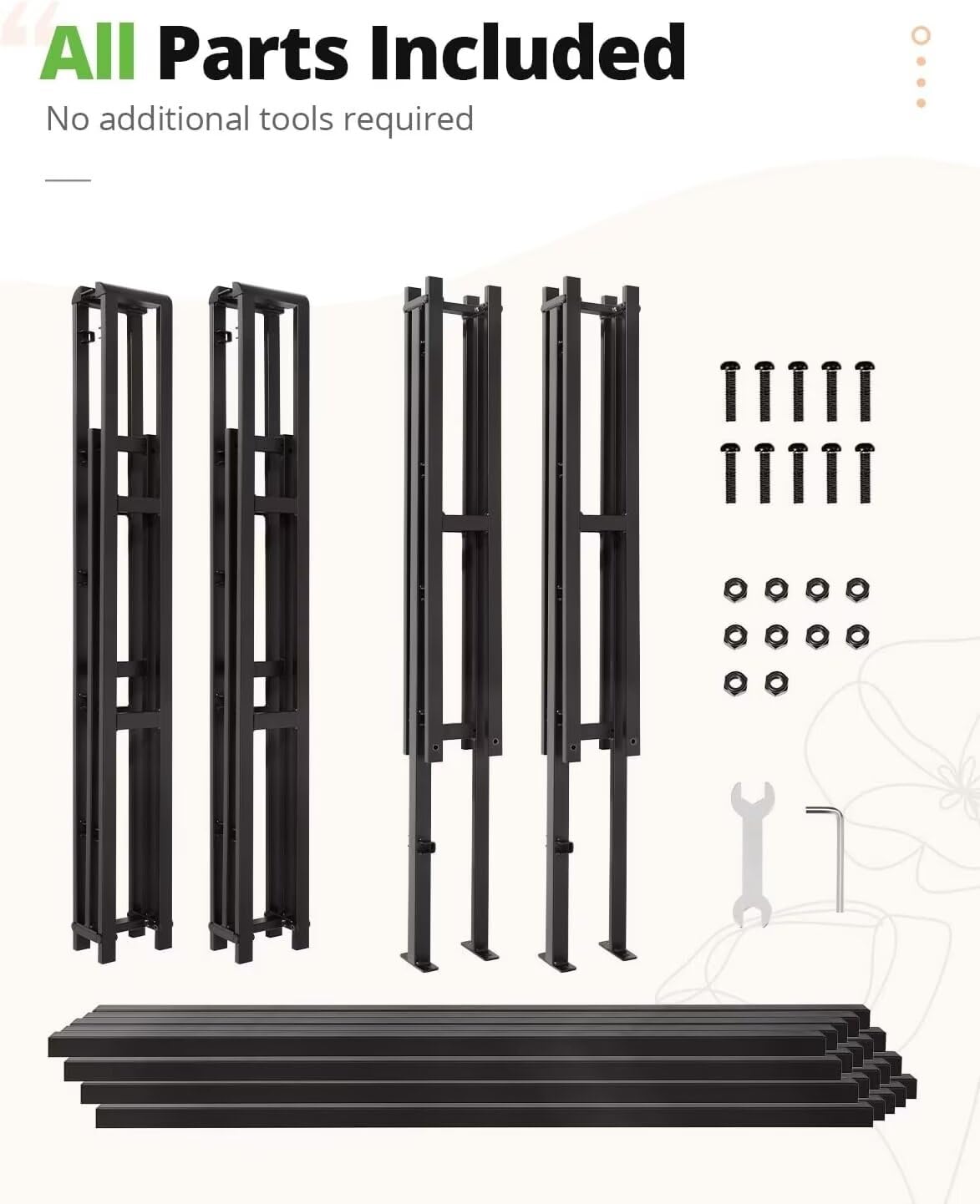 All components needed for the box spring assembly, including screws, bolts, metal frames, and a wrench, requiring no additional tools.