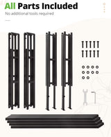 All components needed for the box spring assembly, including screws, bolts, metal frames, and a wrench, requiring no additional tools.