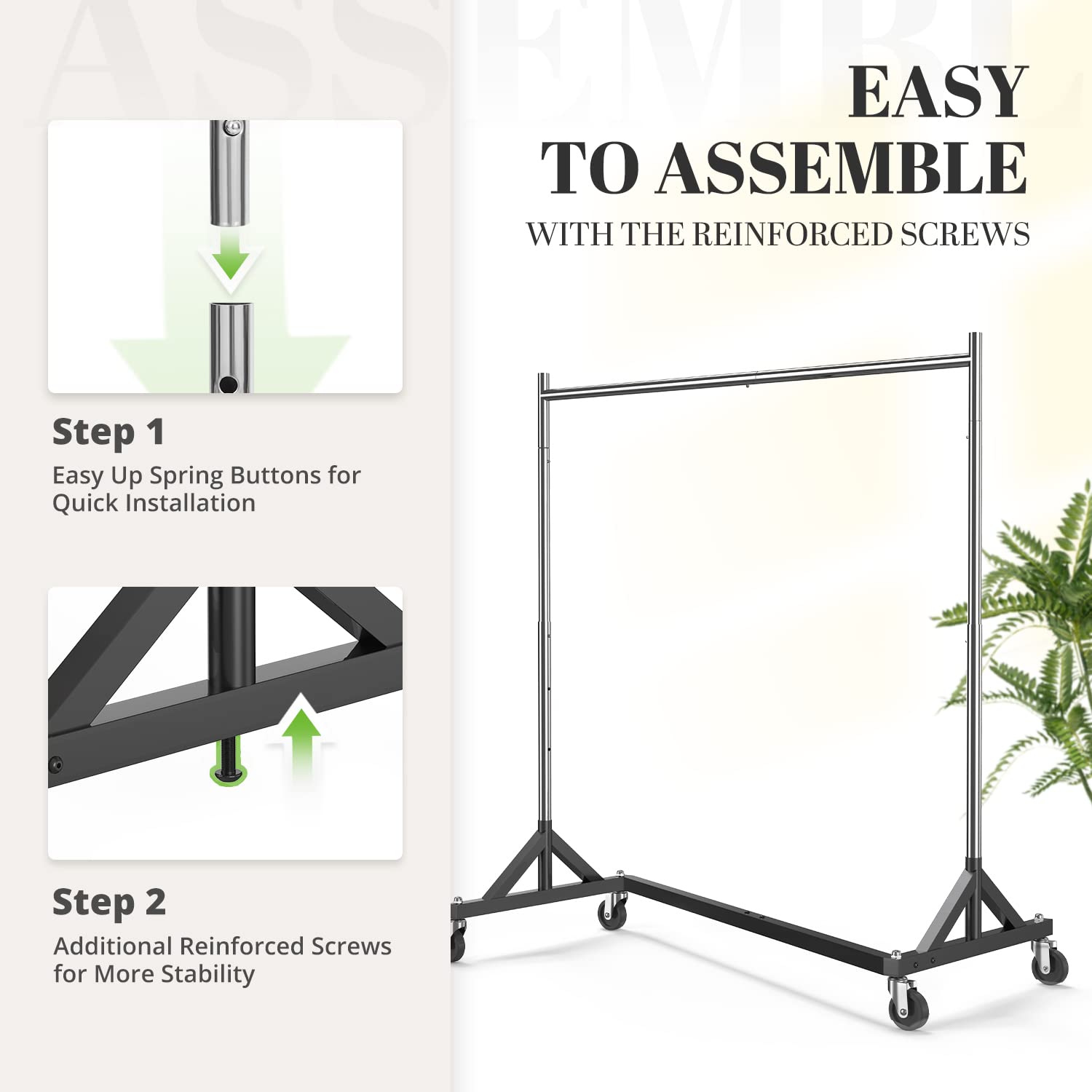 Functional and easy-to-assemble Z Base Clothes Rack with step-by-step instructions, ensuring quick installation. Perfect for organizing garments in a professional or personal setting.