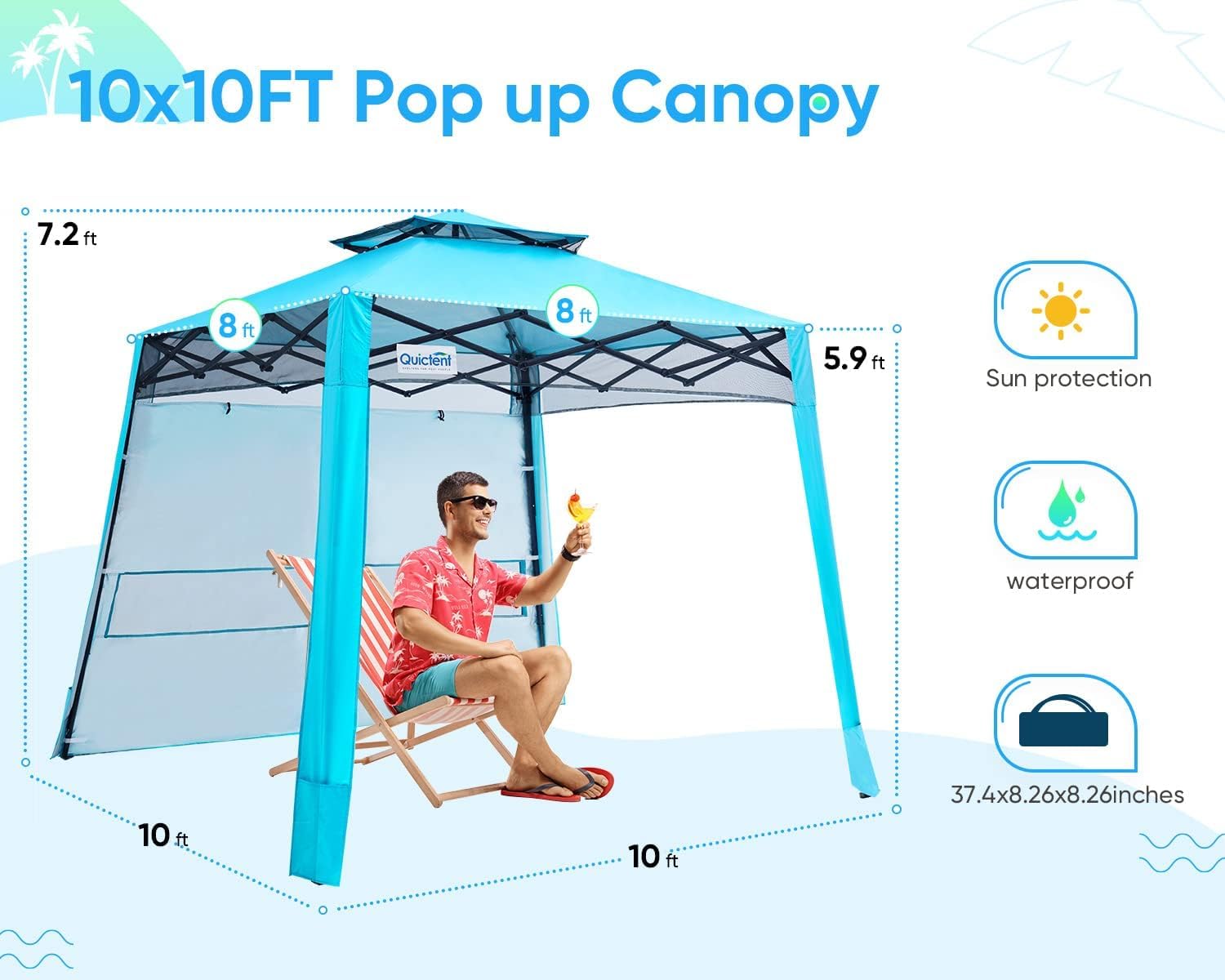 Quictent 10'x10' Portable Pop-up Canopy with Sun Sidewall - Blue