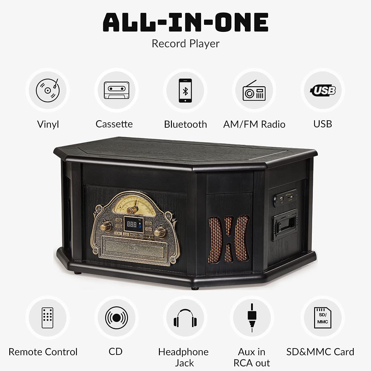 ORCC 10-in-1 Bluetooth Record Player with Speakers-Black