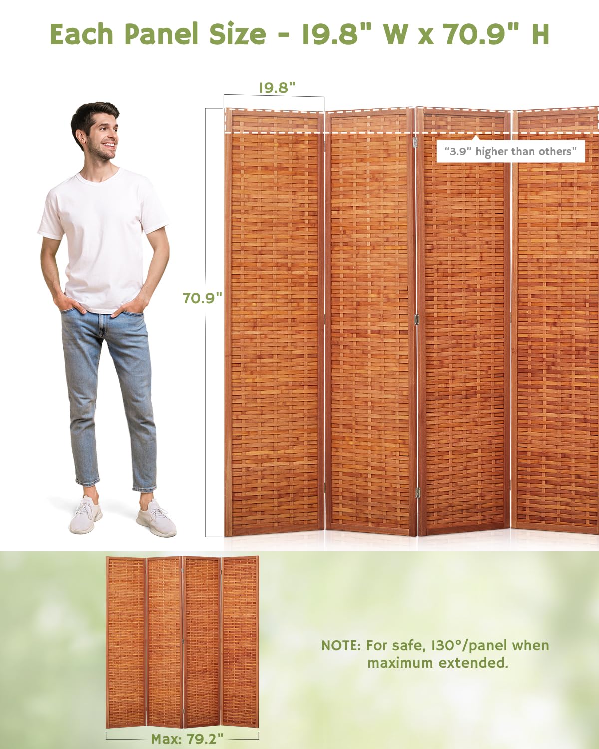 4-panel saddle brown room divider with dimensions of 6ft height and 19.8 inches width per panel, displayed with a model for scale, emphasizing its ample coverage.
