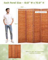 4-panel saddle brown room divider with dimensions of 6ft height and 19.8 inches width per panel, displayed with a model for scale, emphasizing its ample coverage.