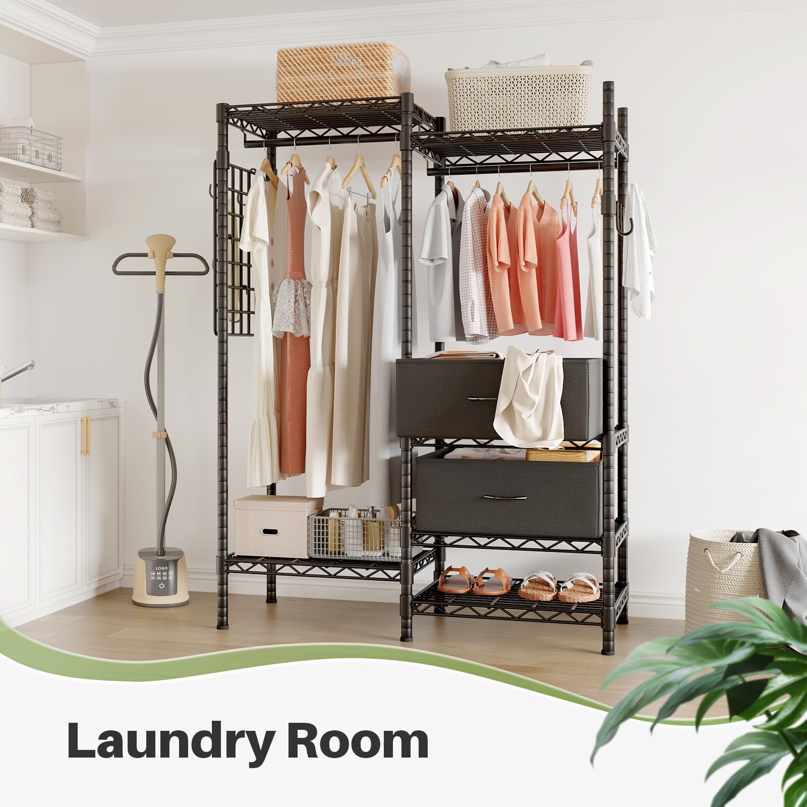 Laundry room setup featuring a freestanding black metal rack with adjustable shelves and rods, offering ample storage for hanging and folded garments.