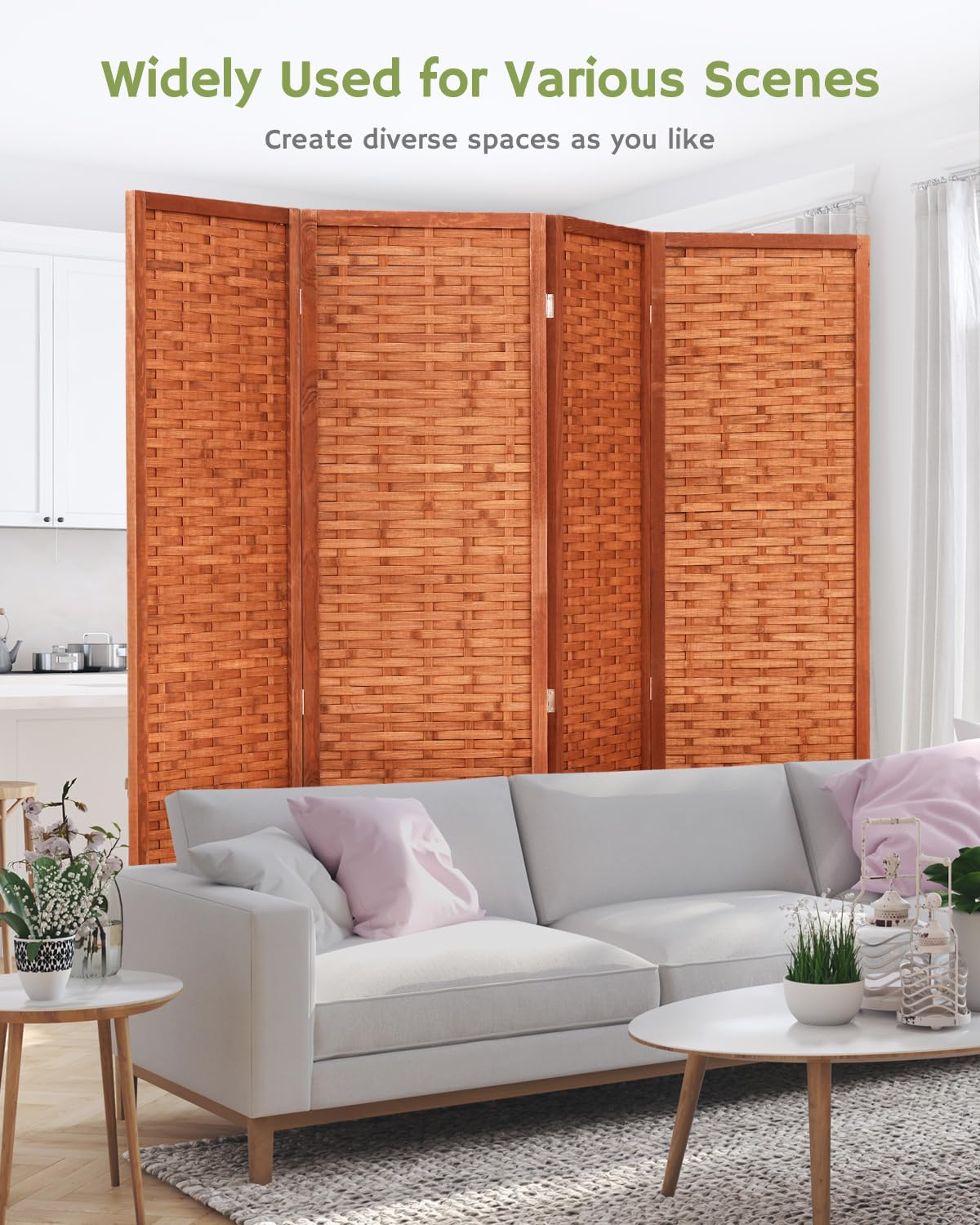 Saddle brown 4-panel room divider in a bright living room, accompanied by the text 'Widely Used for Various Scenes,' showcasing its versatility for separating spaces.