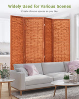 Saddle brown 4-panel room divider in a bright living room, accompanied by the text 'Widely Used for Various Scenes,' showcasing its versatility for separating spaces.