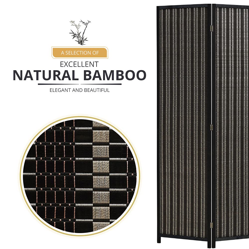 Close-up view of the bamboo weaving pattern on the black room divider, featuring natural bamboo materials, highlighted by the text 'Excellent Natural Bamboo.'