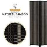 Close-up view of the bamboo weaving pattern on the black room divider, featuring natural bamboo materials, highlighted by the text 'Excellent Natural Bamboo.'
