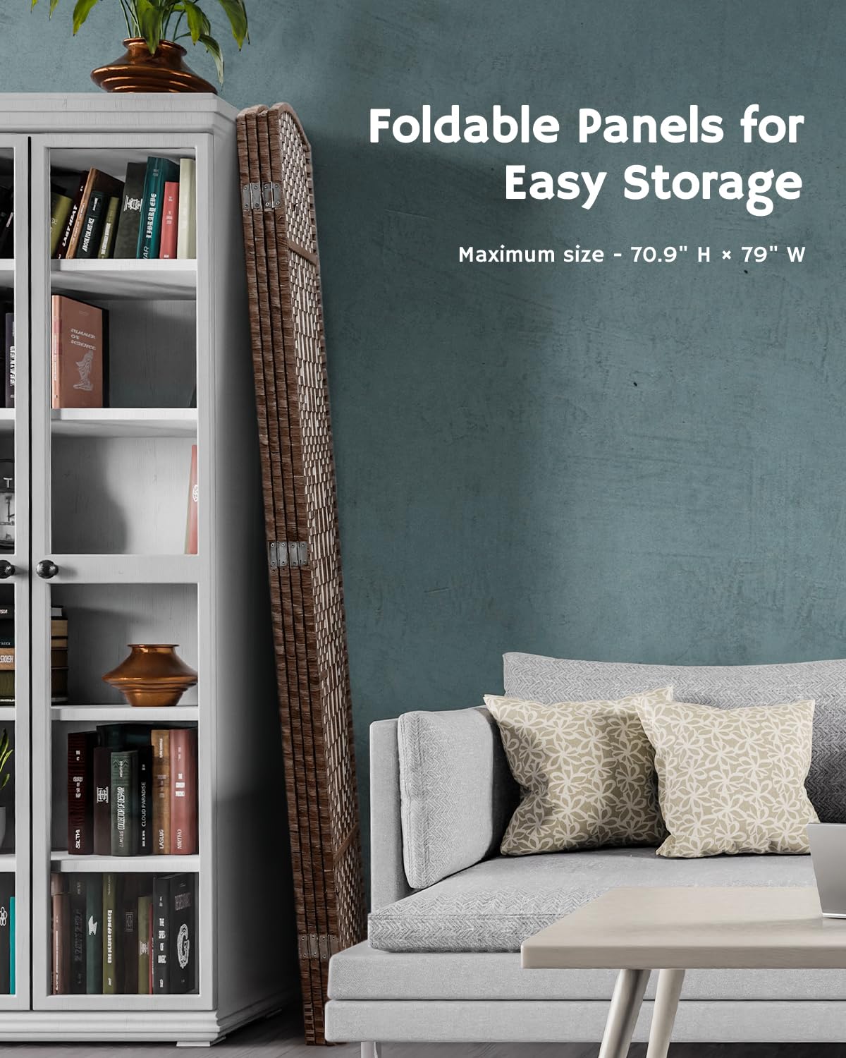 Foldable 4-panel brown room divider shown stored compactly next to a bookcase, with text highlighting its easy-to-store and space-saving design.