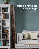 Foldable 4-panel brown room divider shown stored compactly next to a bookcase, with text highlighting its easy-to-store and space-saving design.