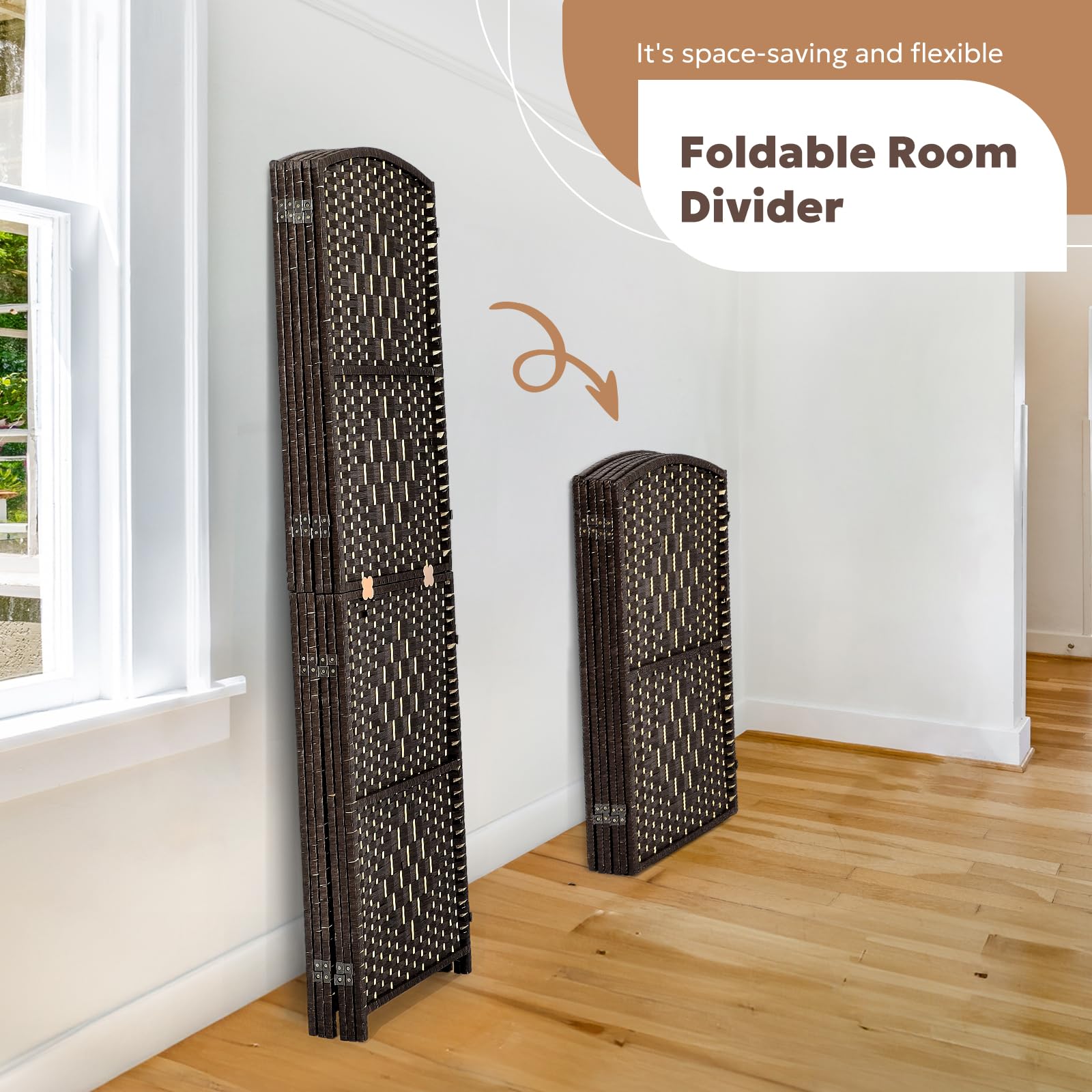 Close-up of the espresso bamboo and wood woven texture of the room divider, with circular insets highlighting the natural craftsmanship and unpainted finish, eco-friendly for worry-free use.