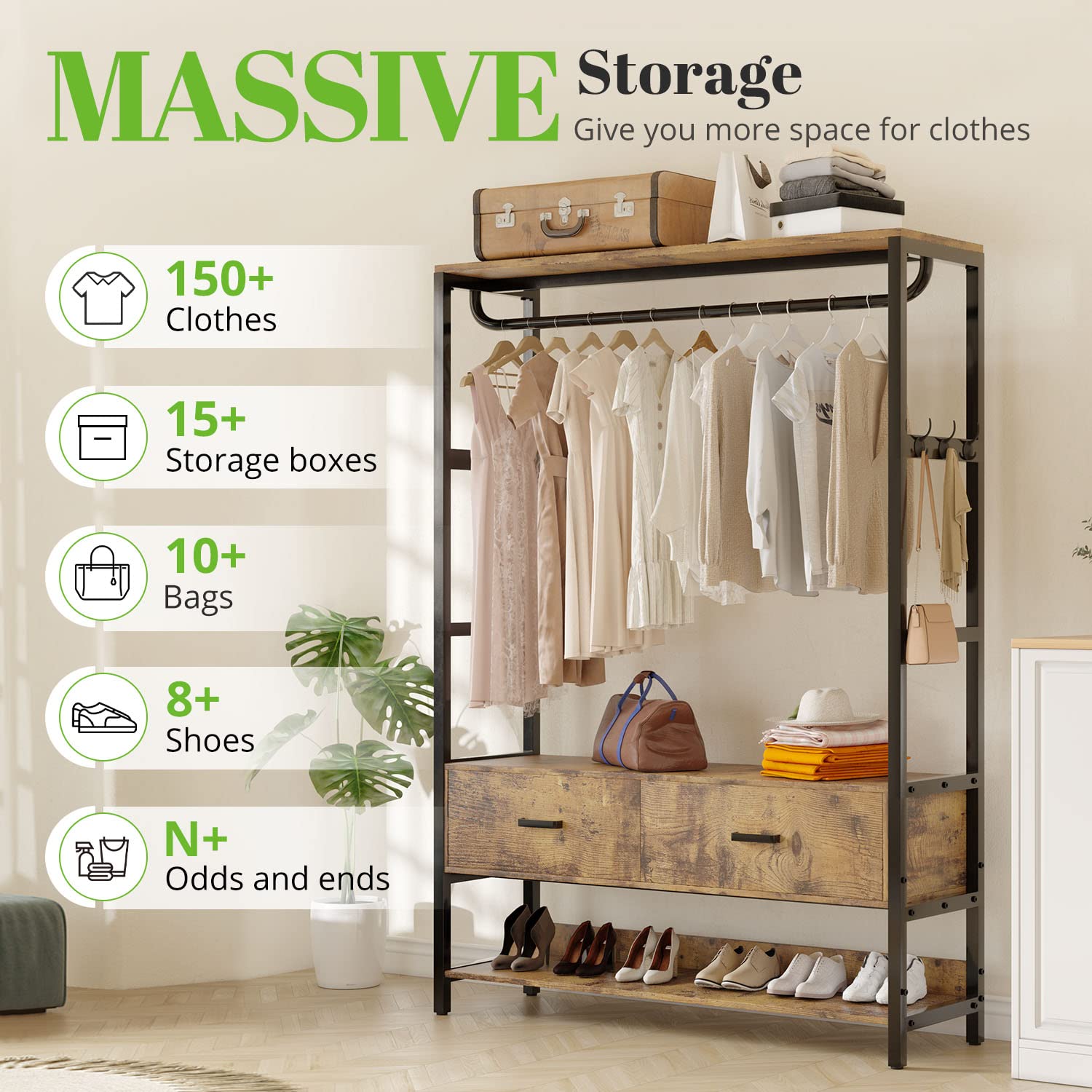 Storage breakdown showcasing the organizer¡¯s capacity to hold over 150 clothes, 15+ storage boxes, and 10+ bags, maximizing utility.